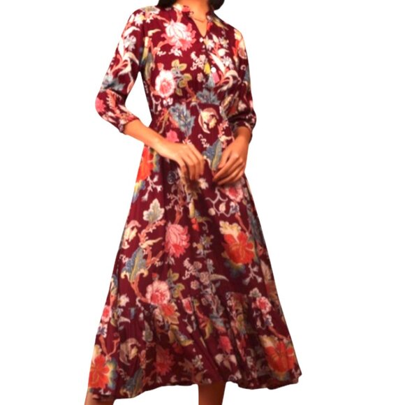 Kalki Crafted In India Ruby Wine Floral Print Midi Dress - Picture 1 of 16